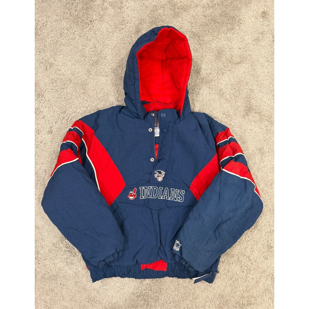 Vintage Starter Cleveland Indians Puffer Jacket Navy Red MLB Chief Wahoo Mens XL